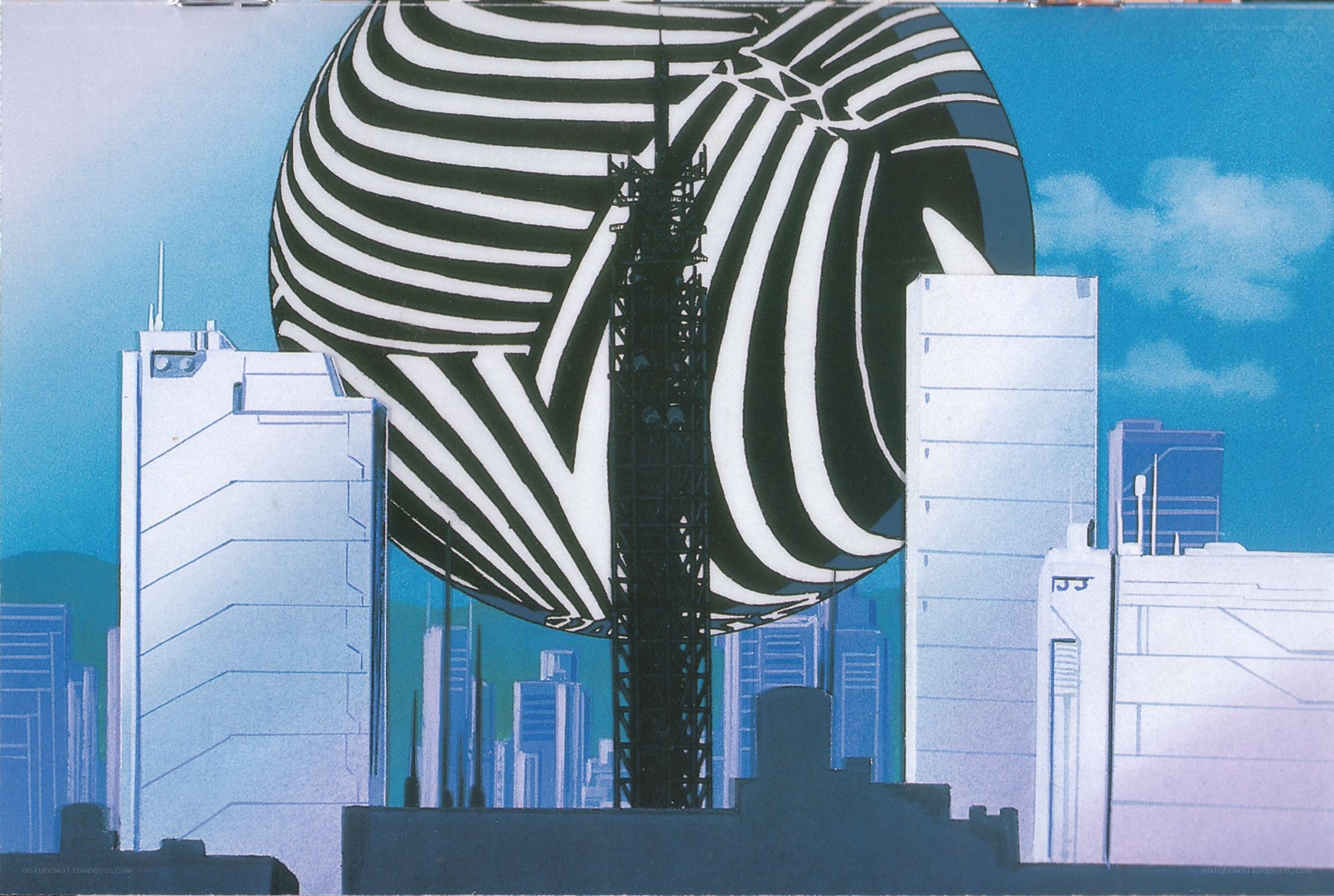futuristic city with striped sphere