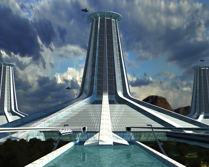 futuristic city with towers