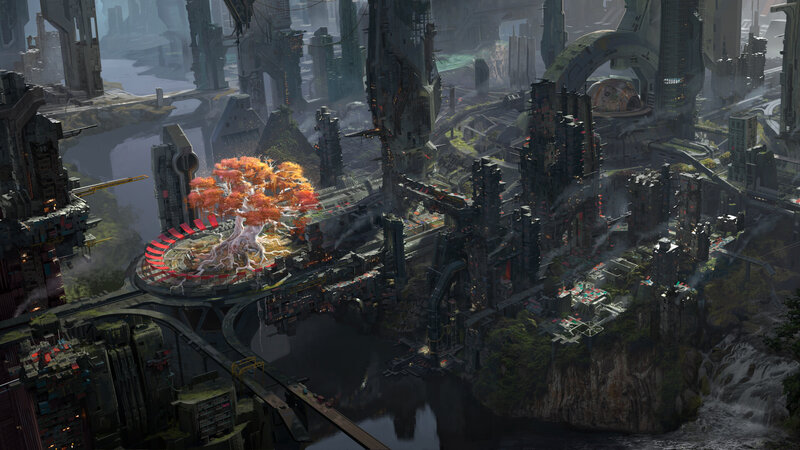 Futuristic City with Tree