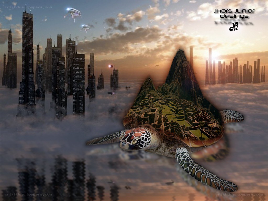 futuristic city with turtle
