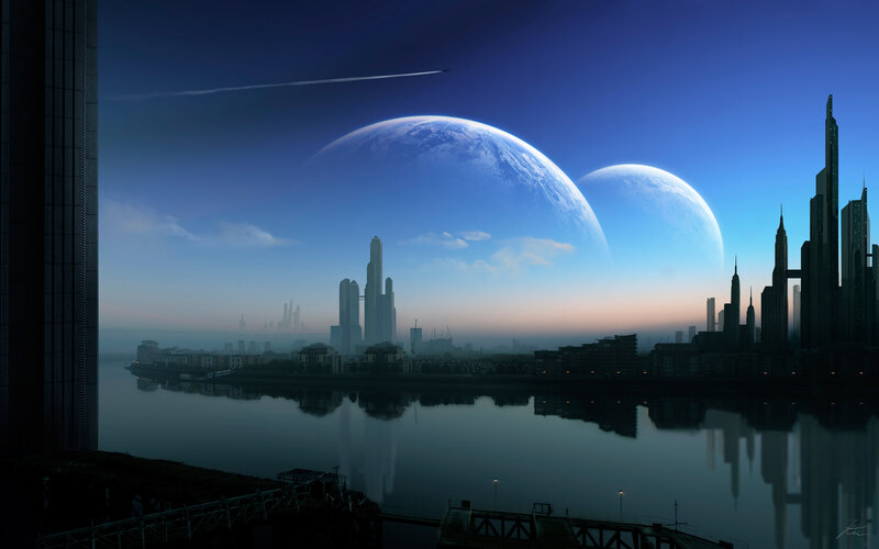 Futuristic city with twin planets