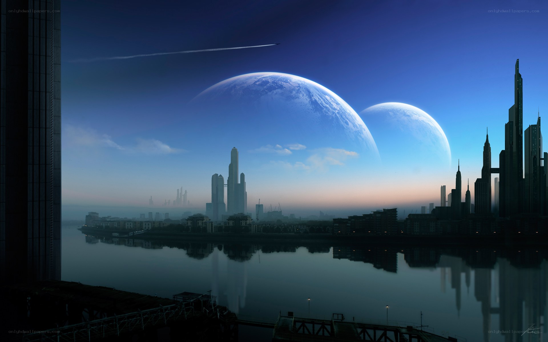 Futuristic city with twin planets