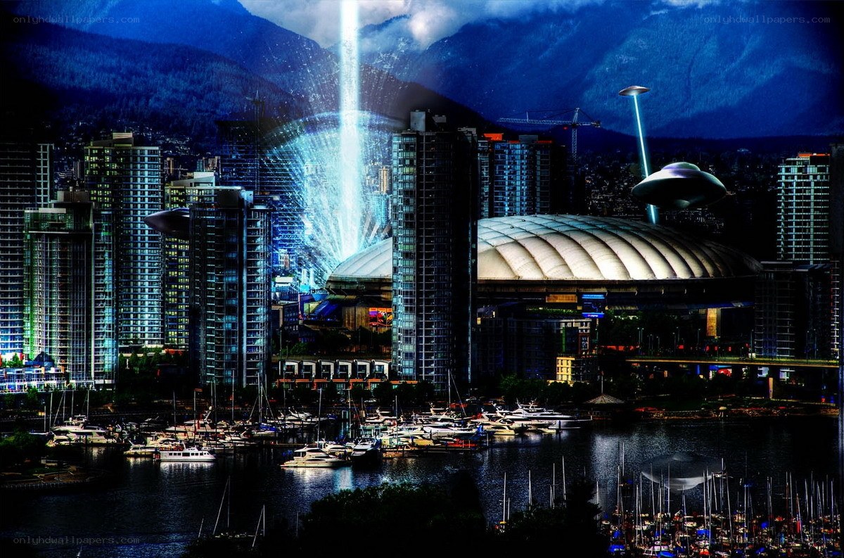 futuristic city with UFOs
