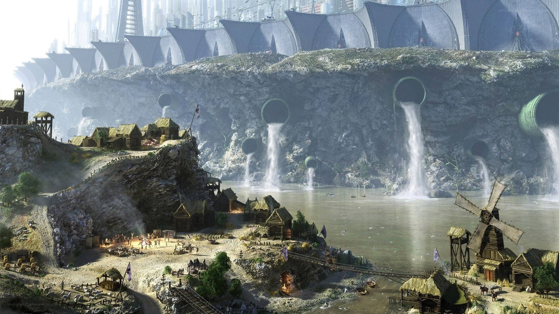 Futuristic city with village below