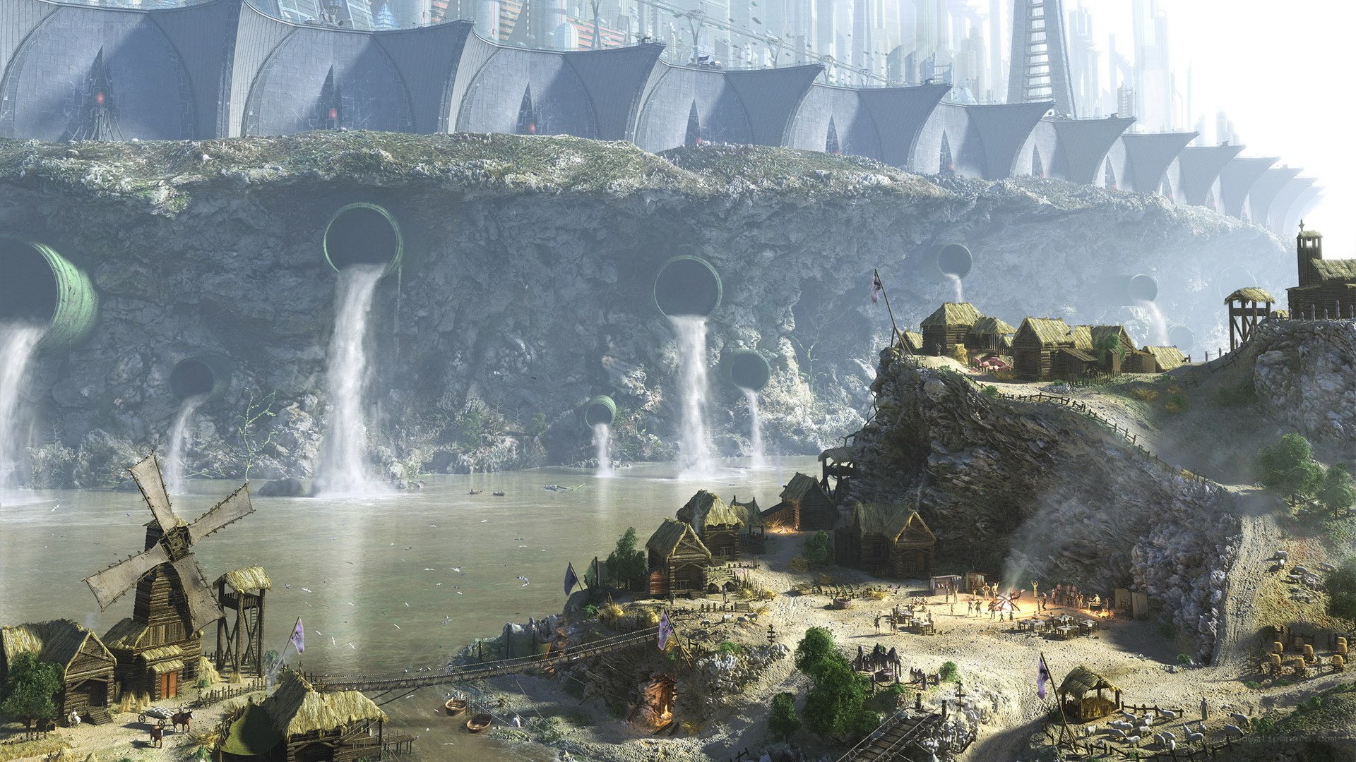 Futuristic city with village below