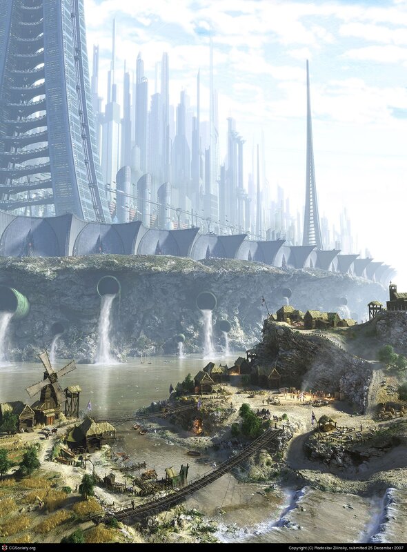 Futuristic city with village