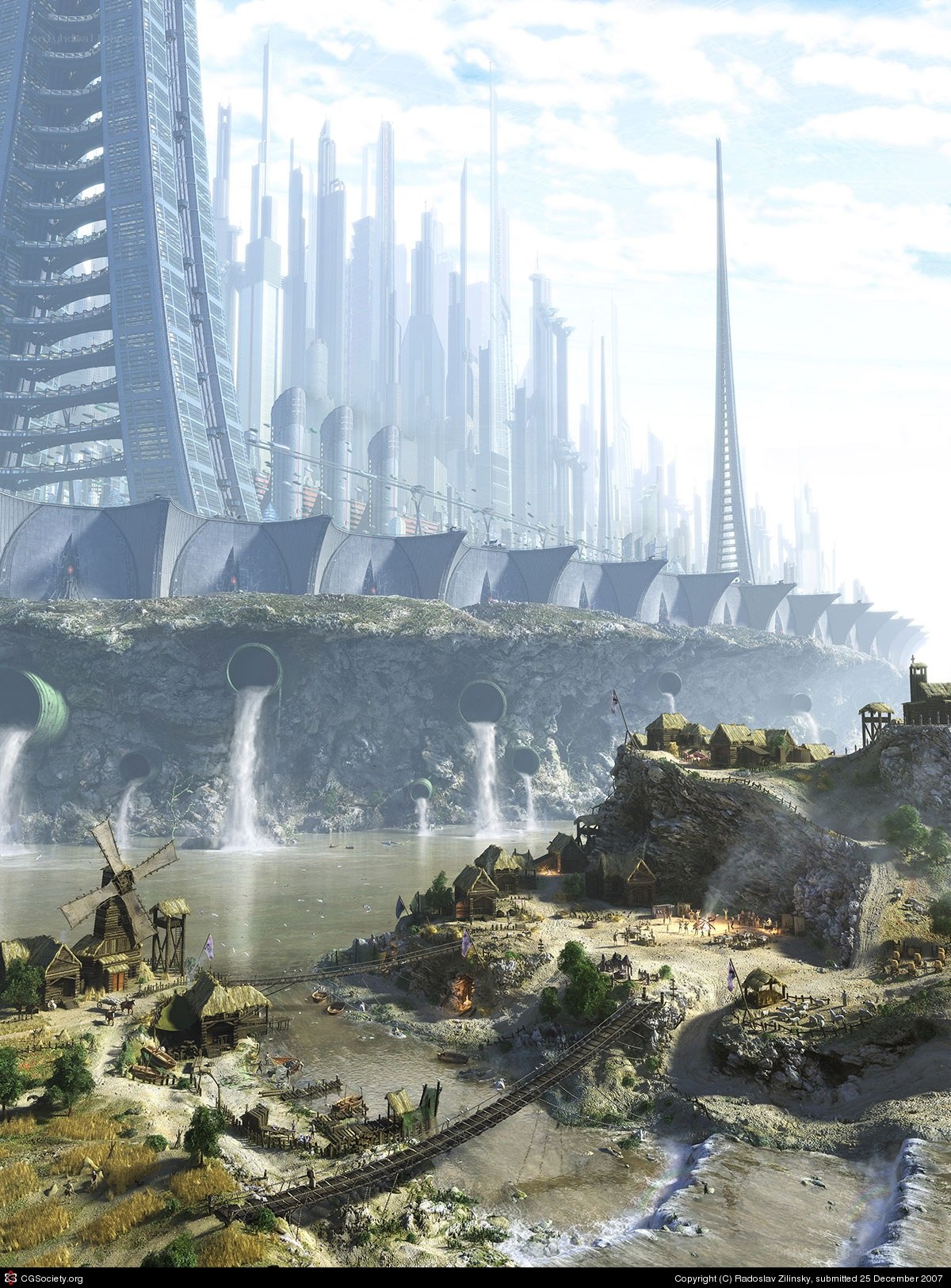 Futuristic city with village
