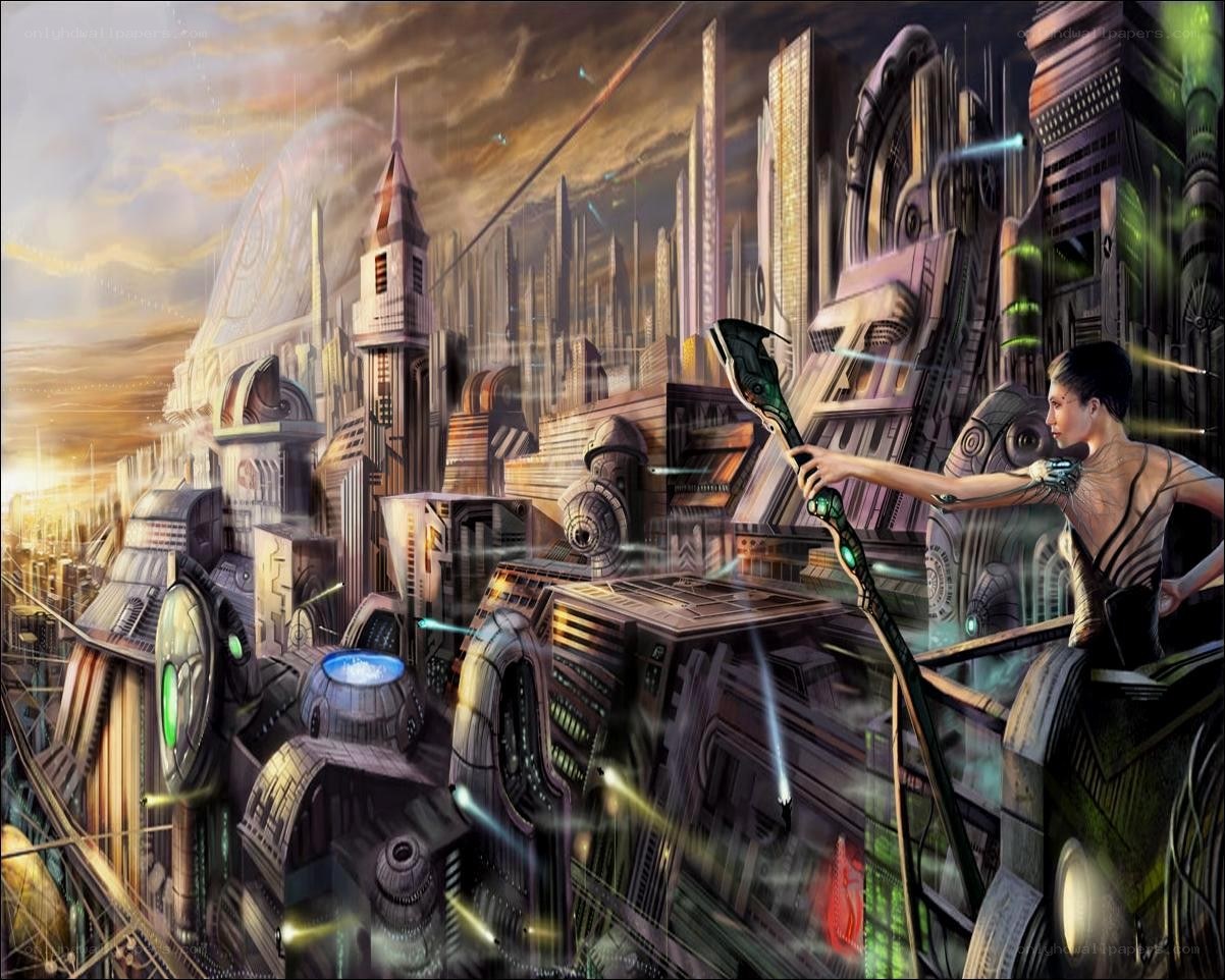 futuristic city with warrior