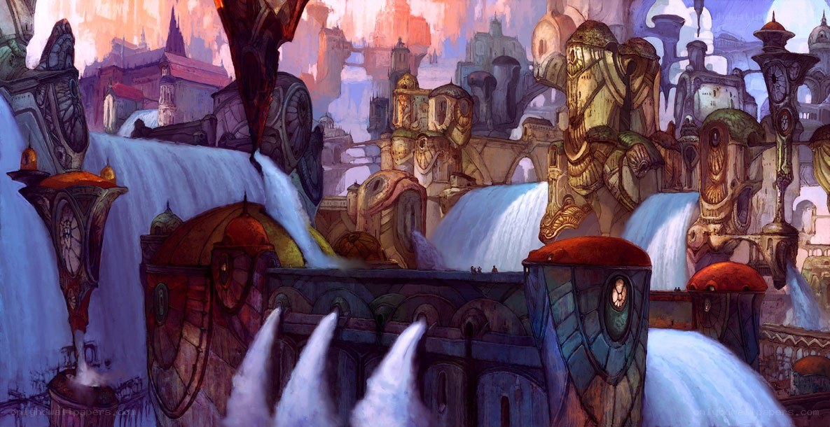 futuristic city with waterfalls