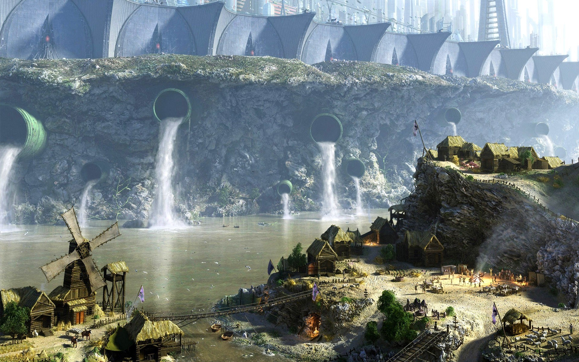 Futuristic city with waterfalls
