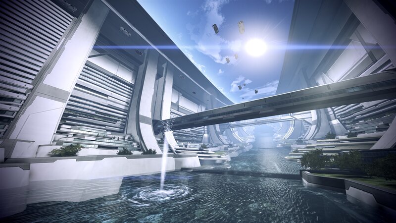 futuristic city with waterway