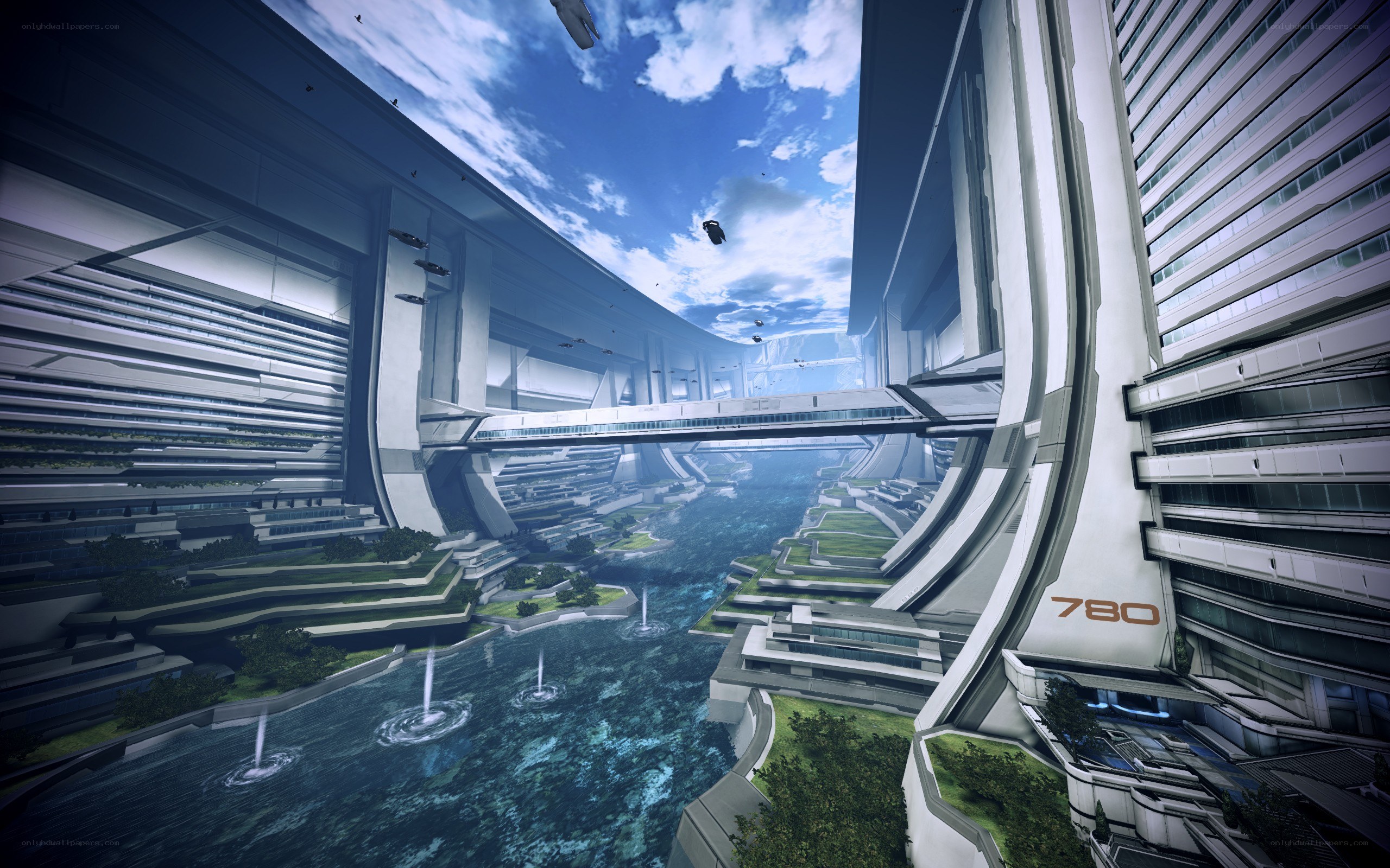 futuristic city with waterway