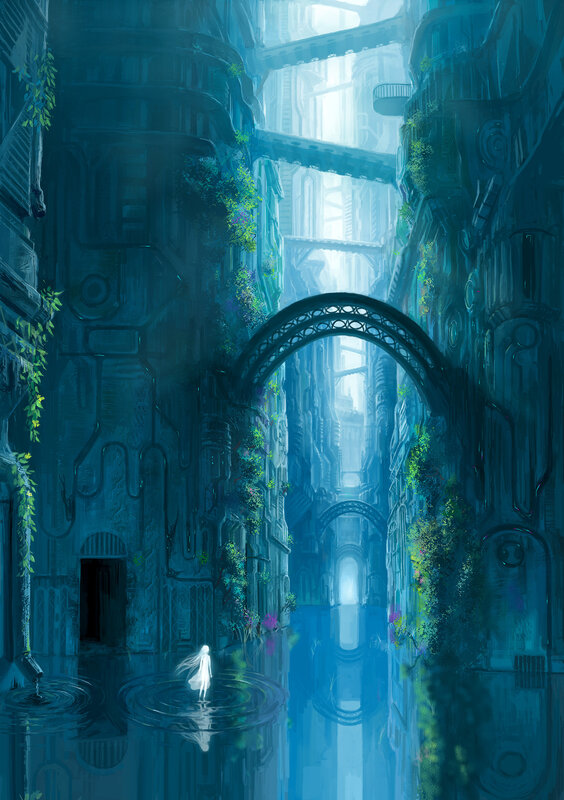 futuristic city with waterway