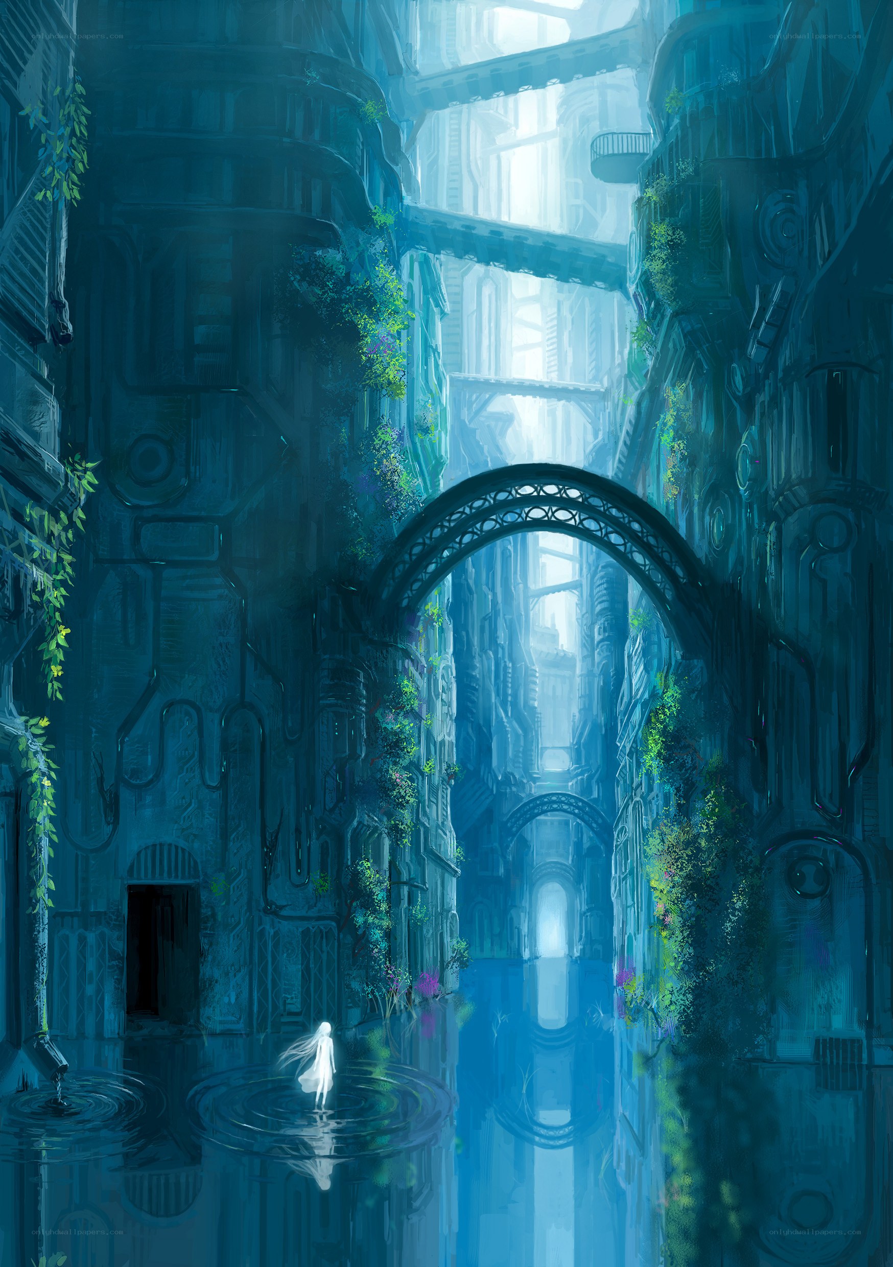 futuristic city with waterway
