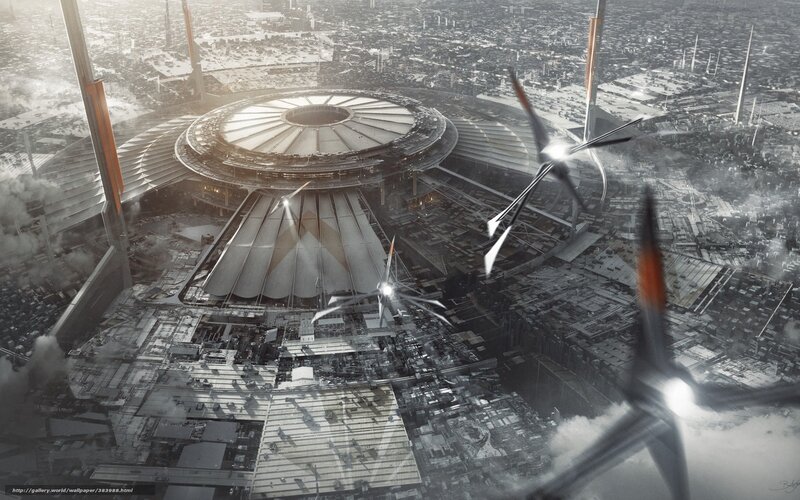Futuristic city with wind turbines