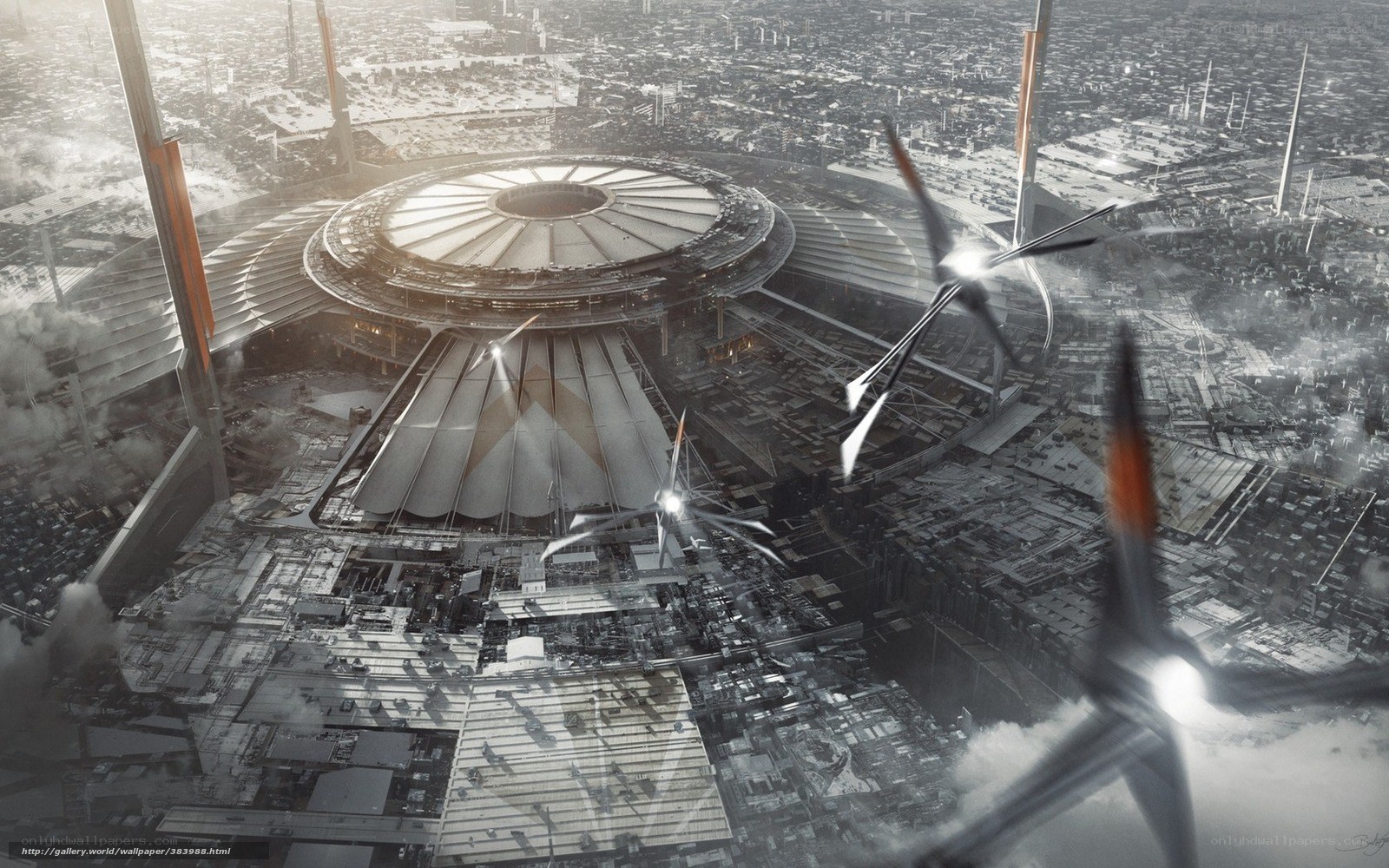 Futuristic city with wind turbines