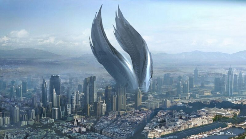 futuristic city with winged structure