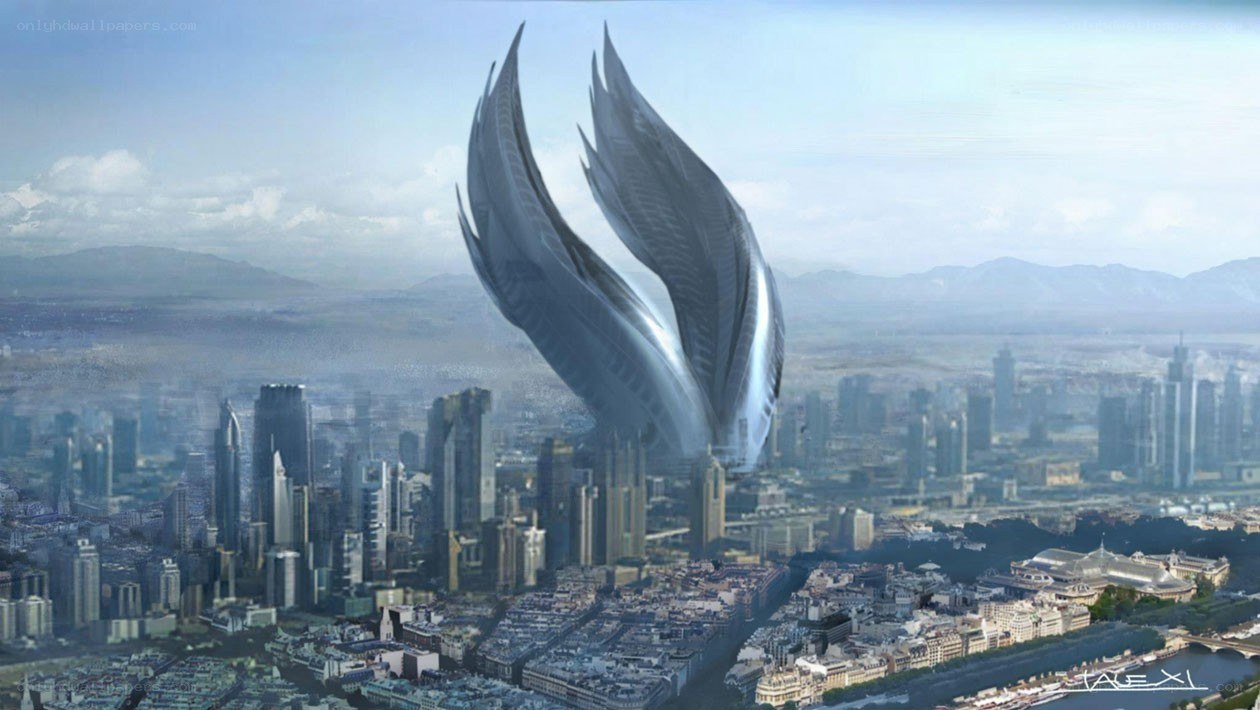 futuristic city with winged structure