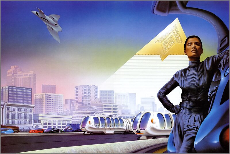 futuristic city with woman