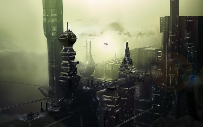 futuristic cityscape at dawn