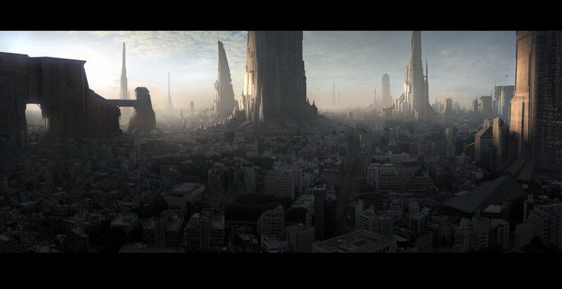 futuristic cityscape at dawn