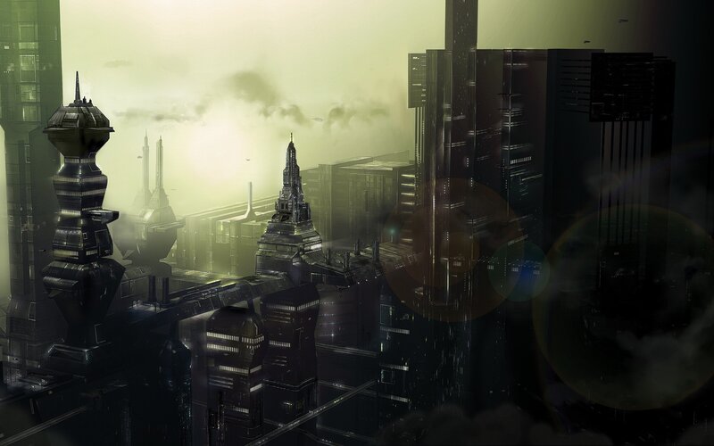 futuristic cityscape at dawn