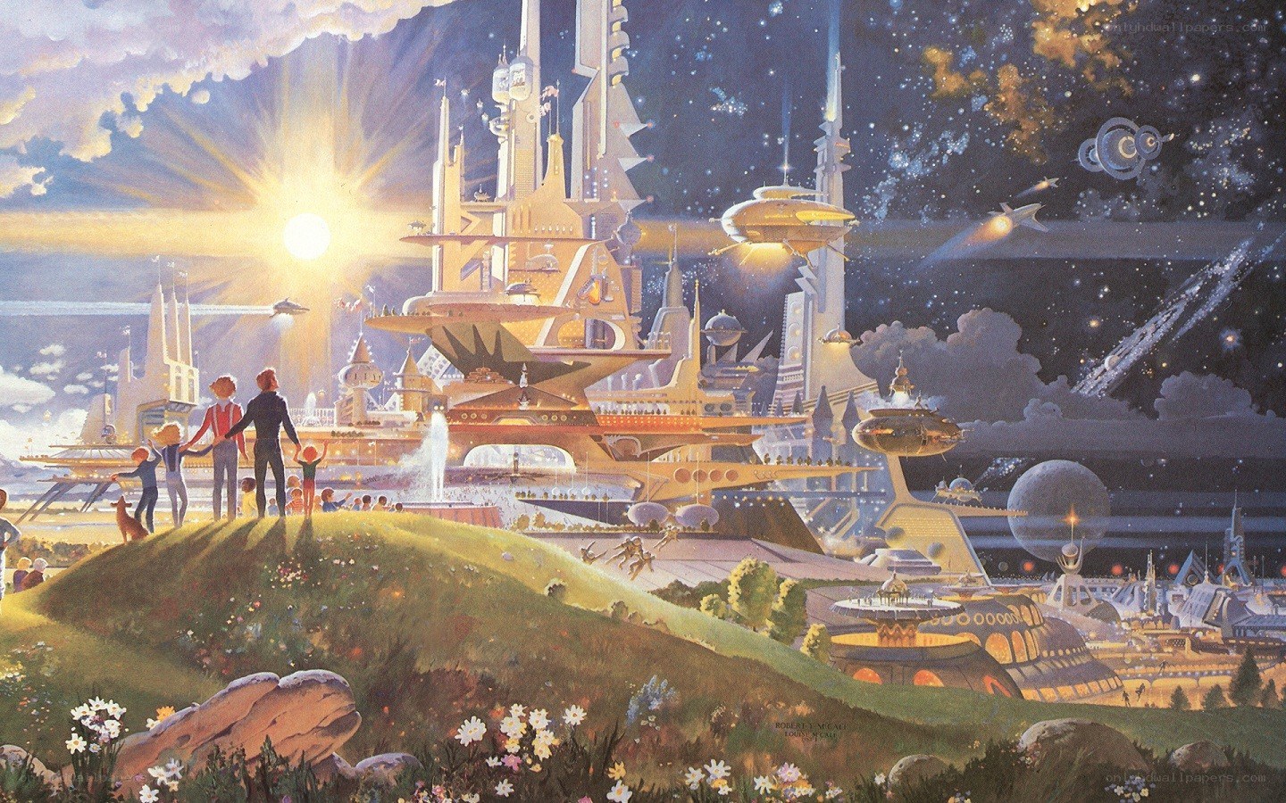 Futuristic cityscape at dawn