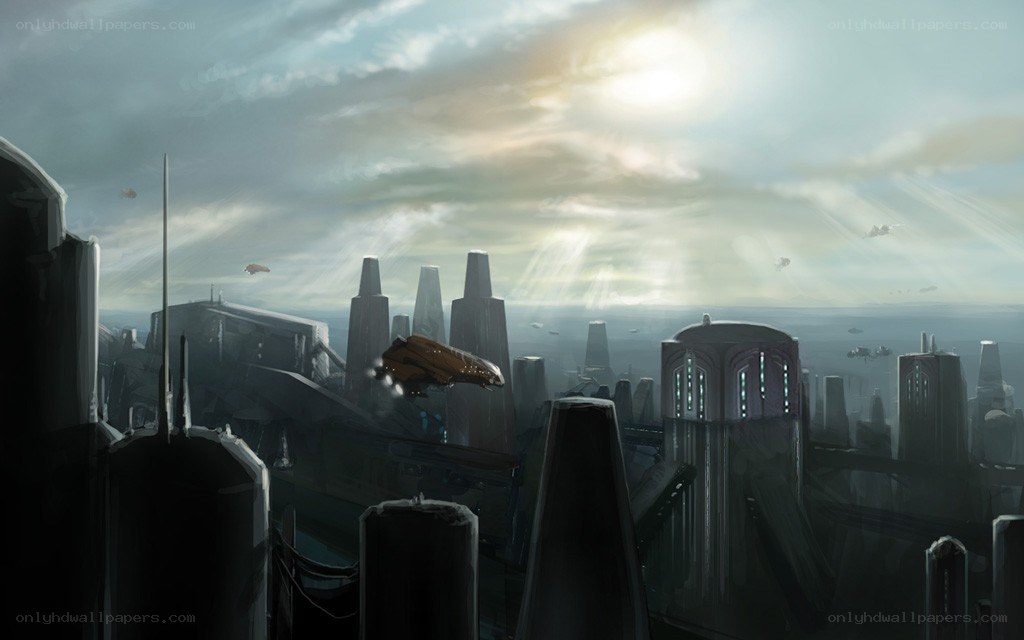 futuristic cityscape at dawn