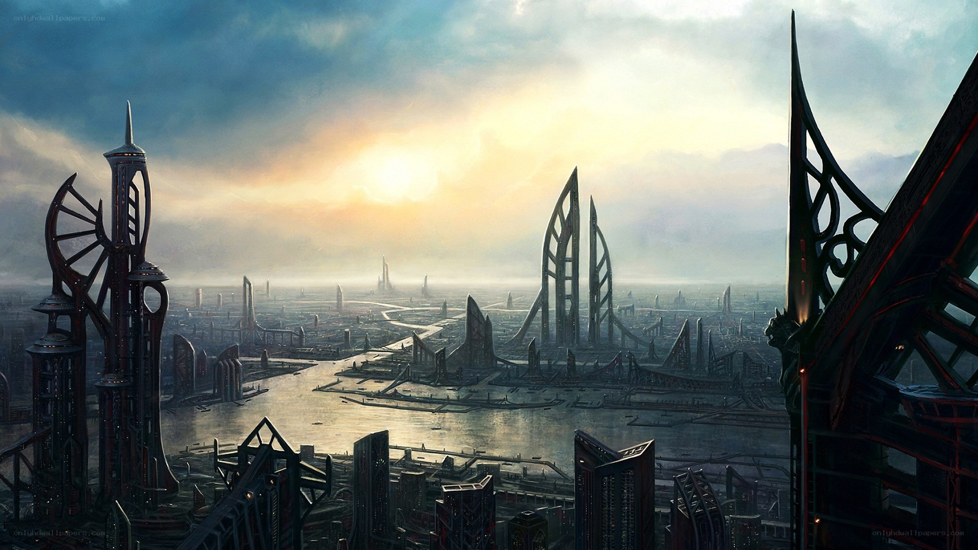 futuristic cityscape at dawn