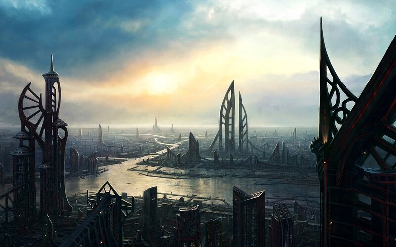 futuristic cityscape at dawn