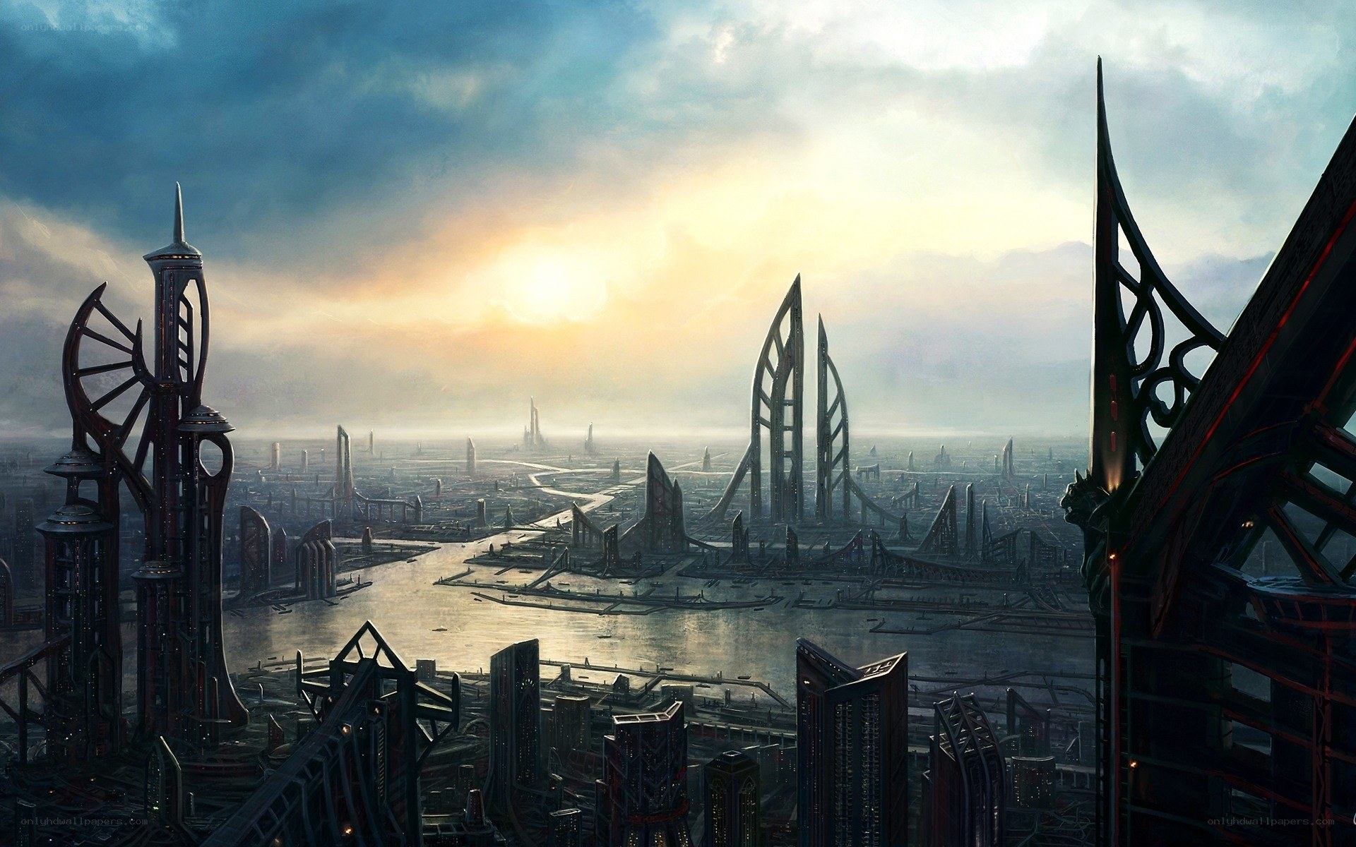 futuristic cityscape at dawn