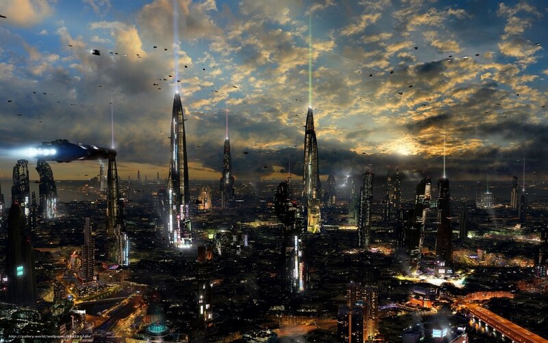 futuristic cityscape at dusk
