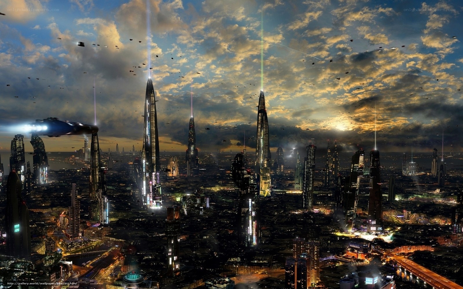 futuristic cityscape at dusk
