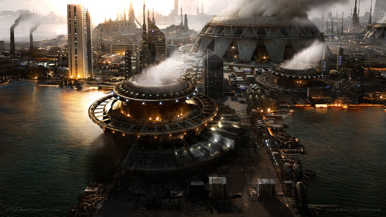 futuristic cityscape at dusk