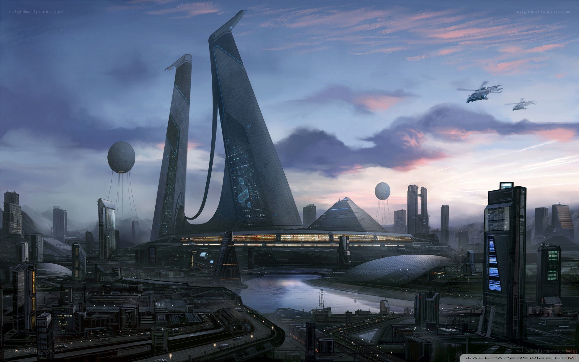 futuristic cityscape at dusk