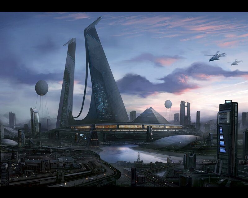 futuristic cityscape at dusk