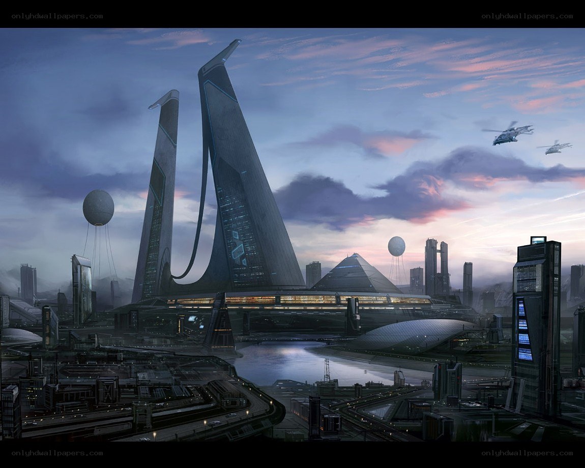 futuristic cityscape at dusk