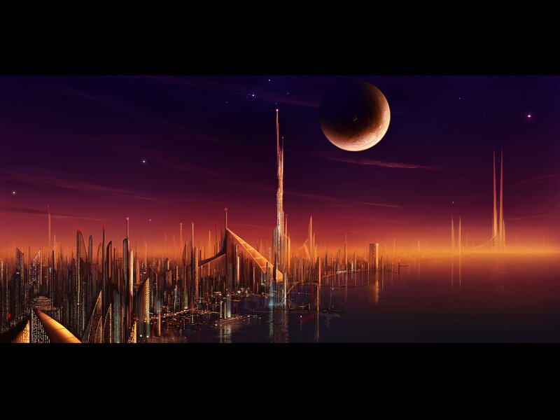 futuristic cityscape at dusk