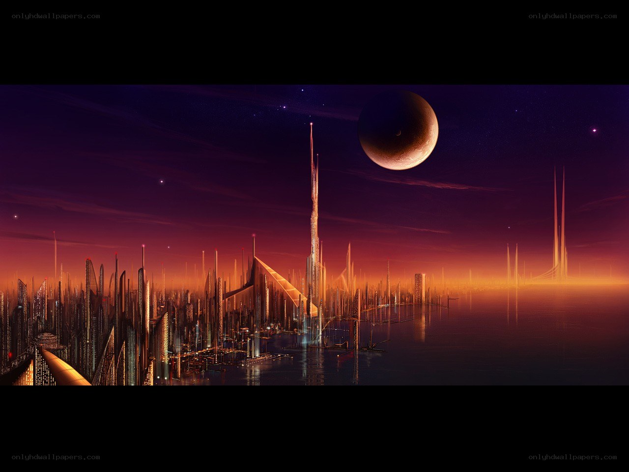 futuristic cityscape at dusk