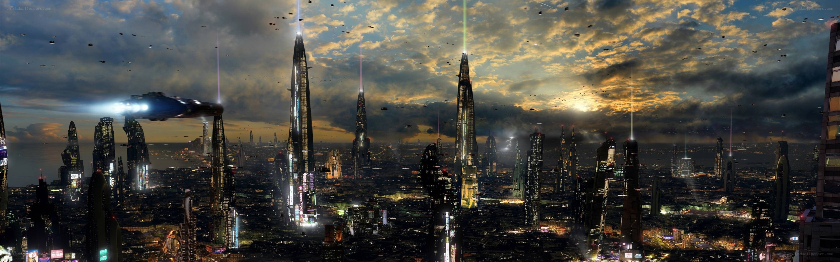 futuristic cityscape at dusk