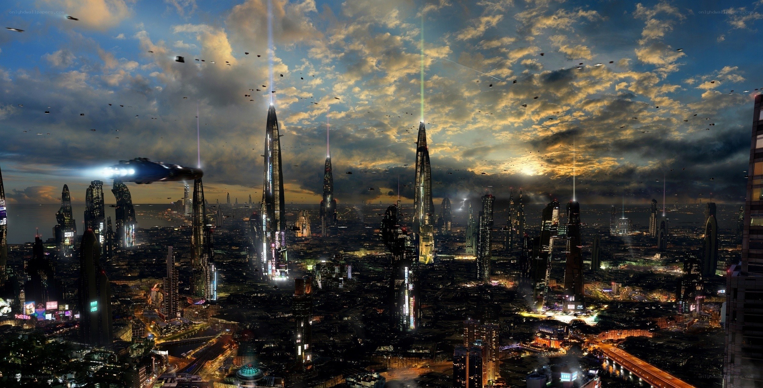 futuristic cityscape at dusk