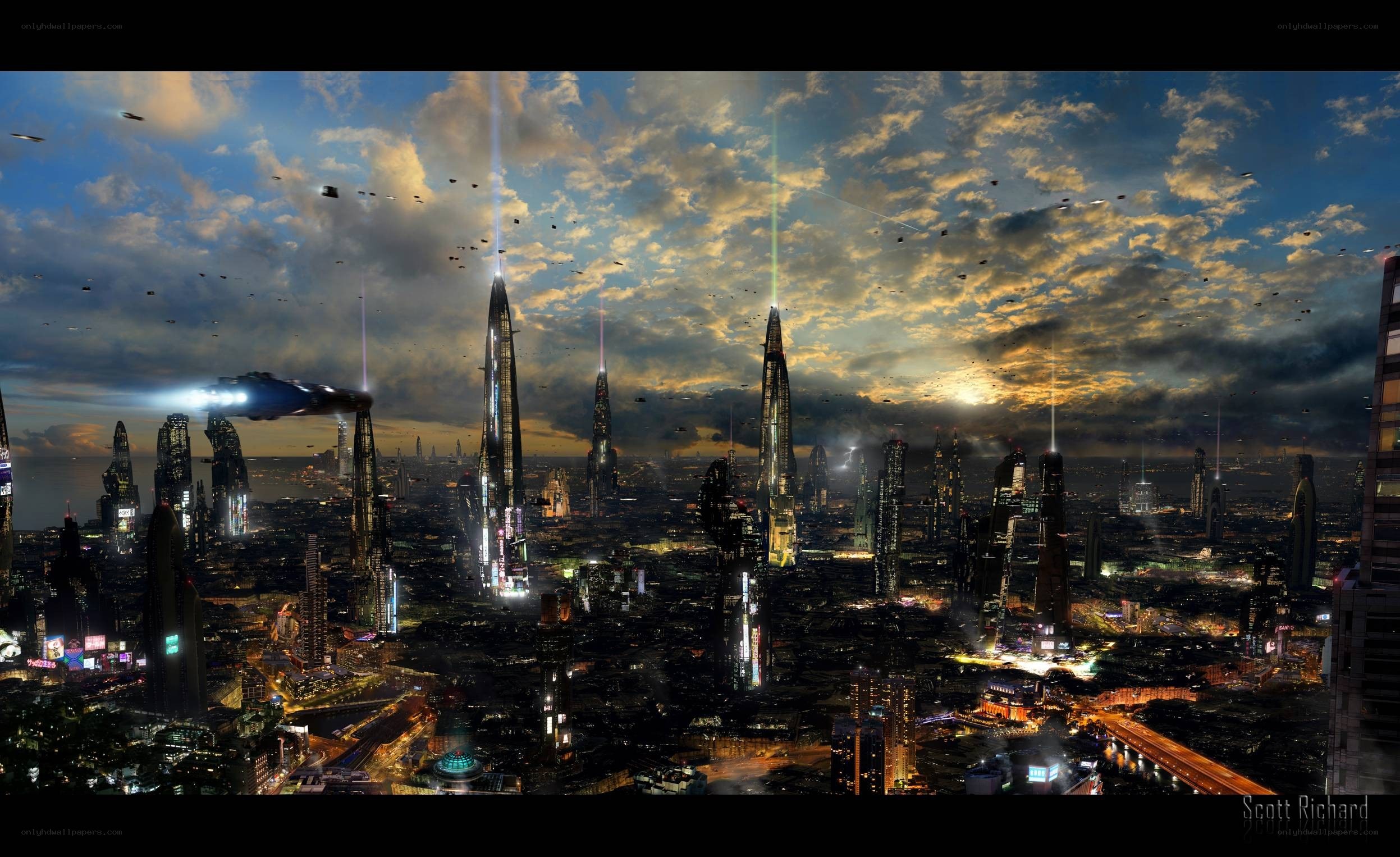 futuristic cityscape at dusk