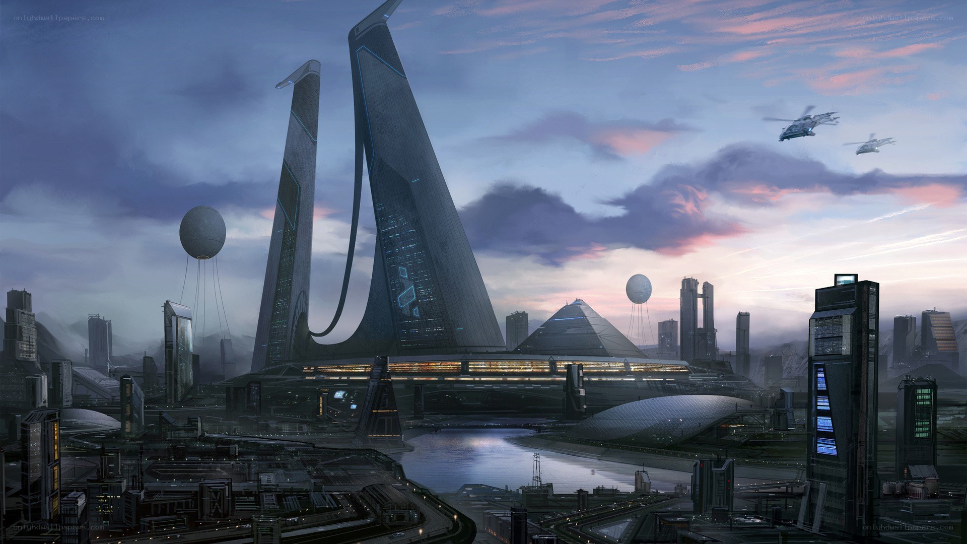 futuristic cityscape at dusk