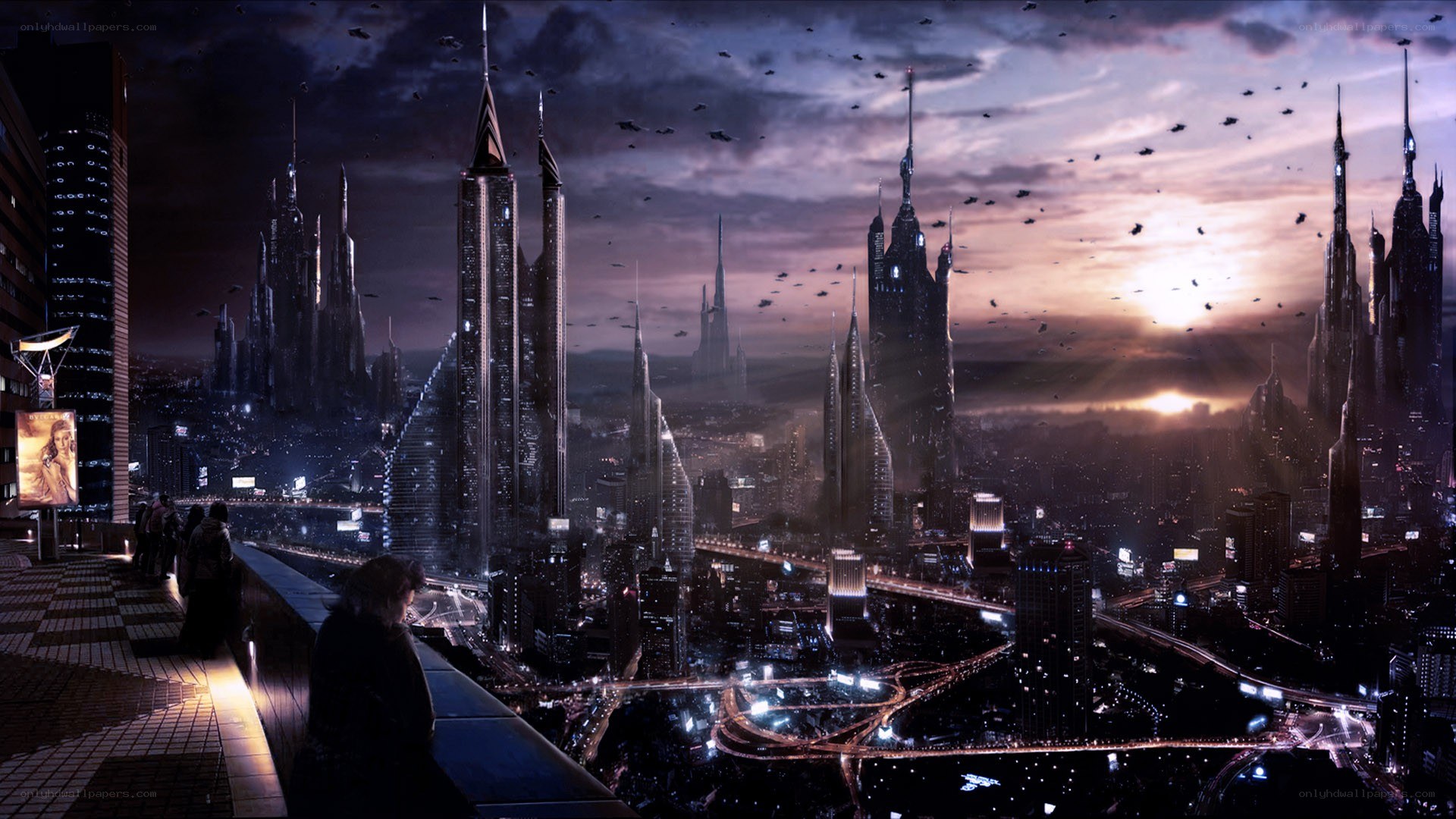 futuristic cityscape at dusk