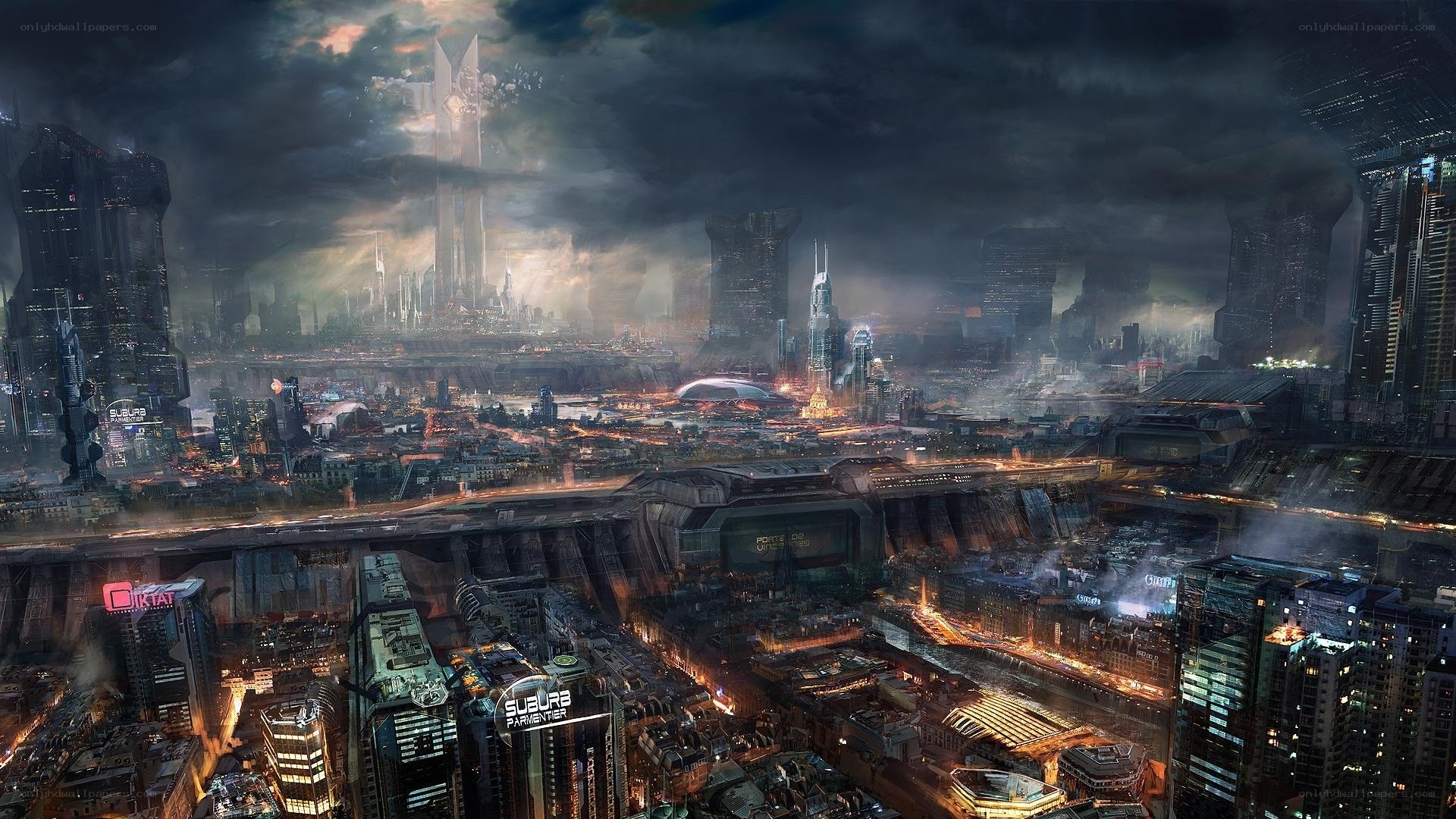 futuristic cityscape at dusk