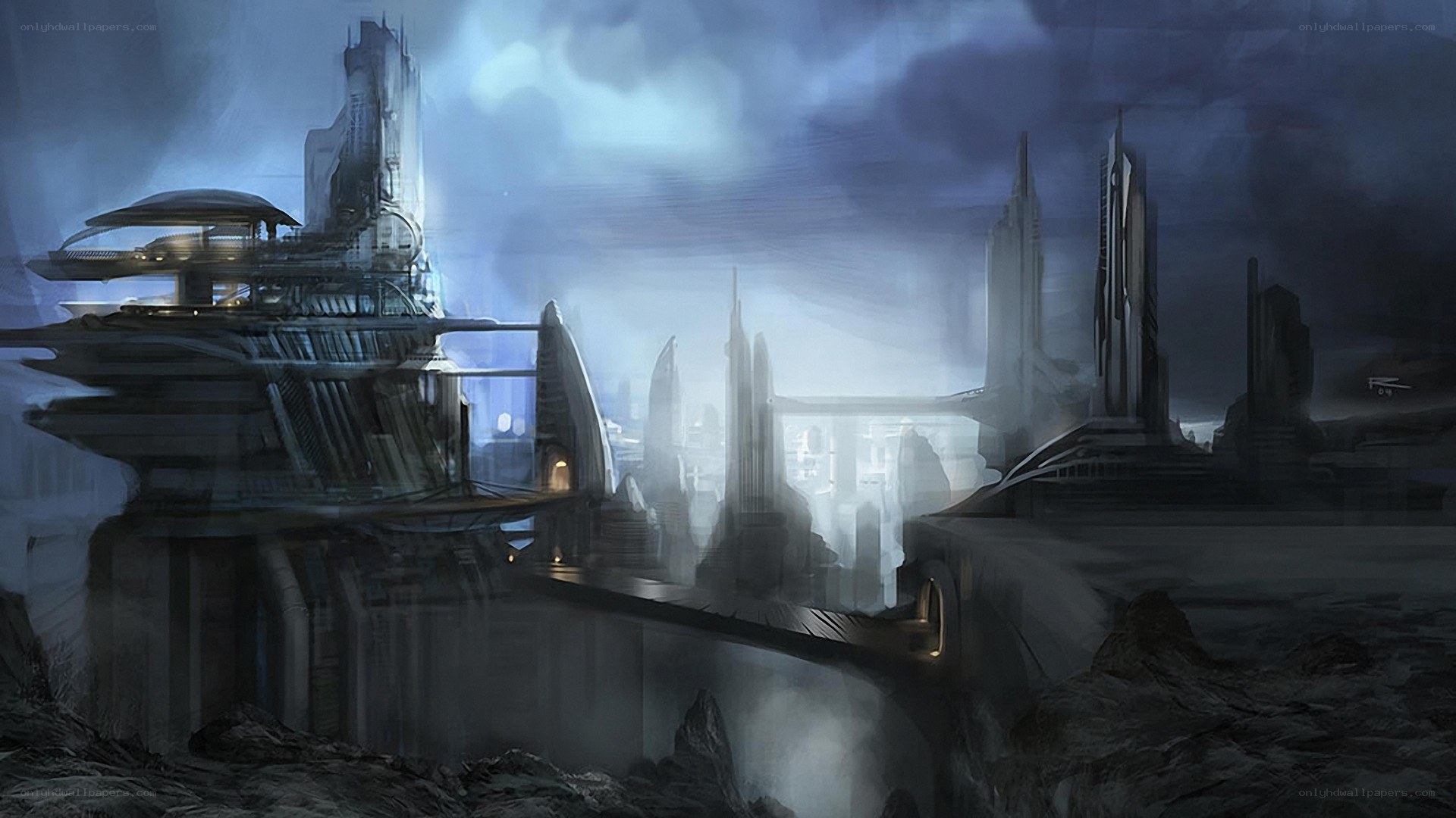 futuristic cityscape at dusk