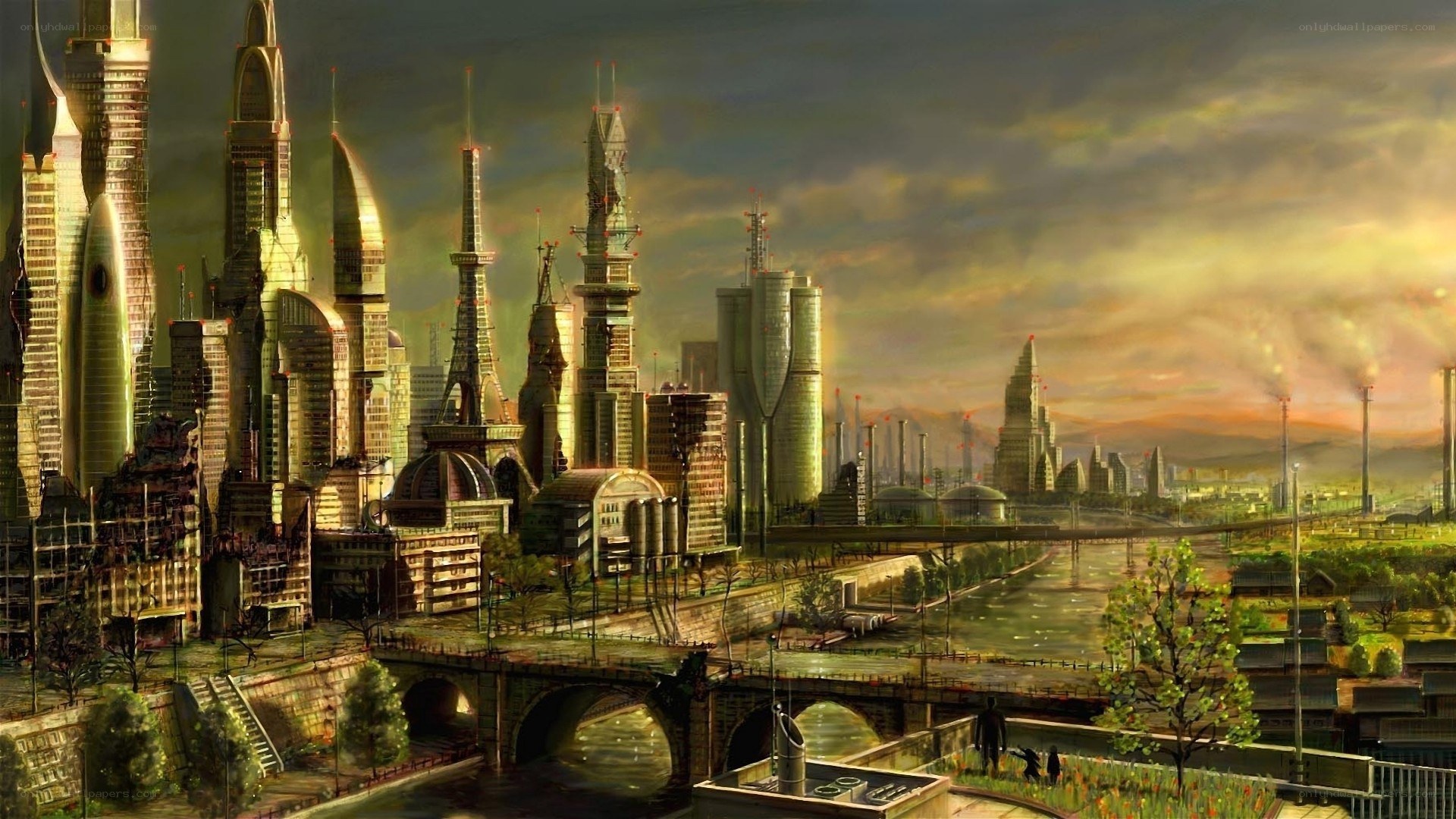 futuristic cityscape at dusk