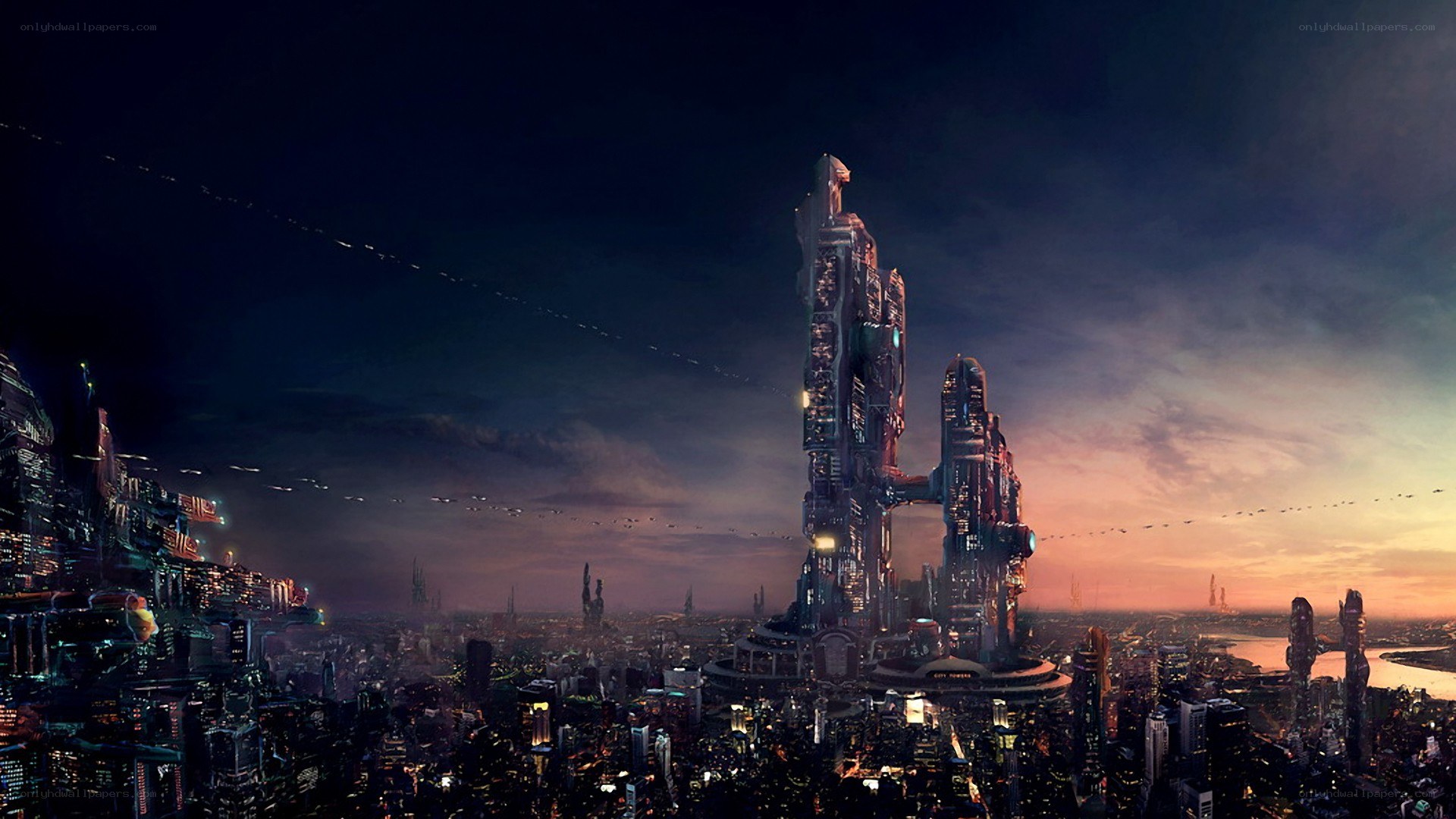 futuristic cityscape at dusk