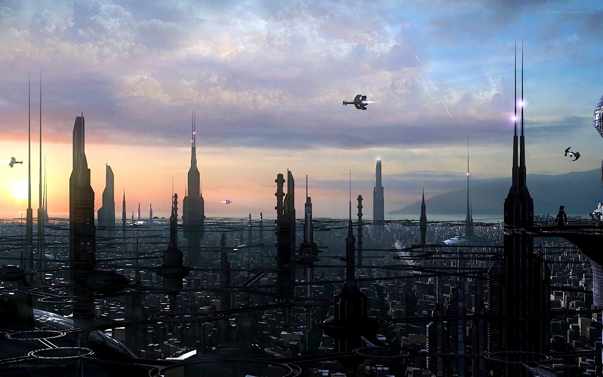 futuristic cityscape at dusk