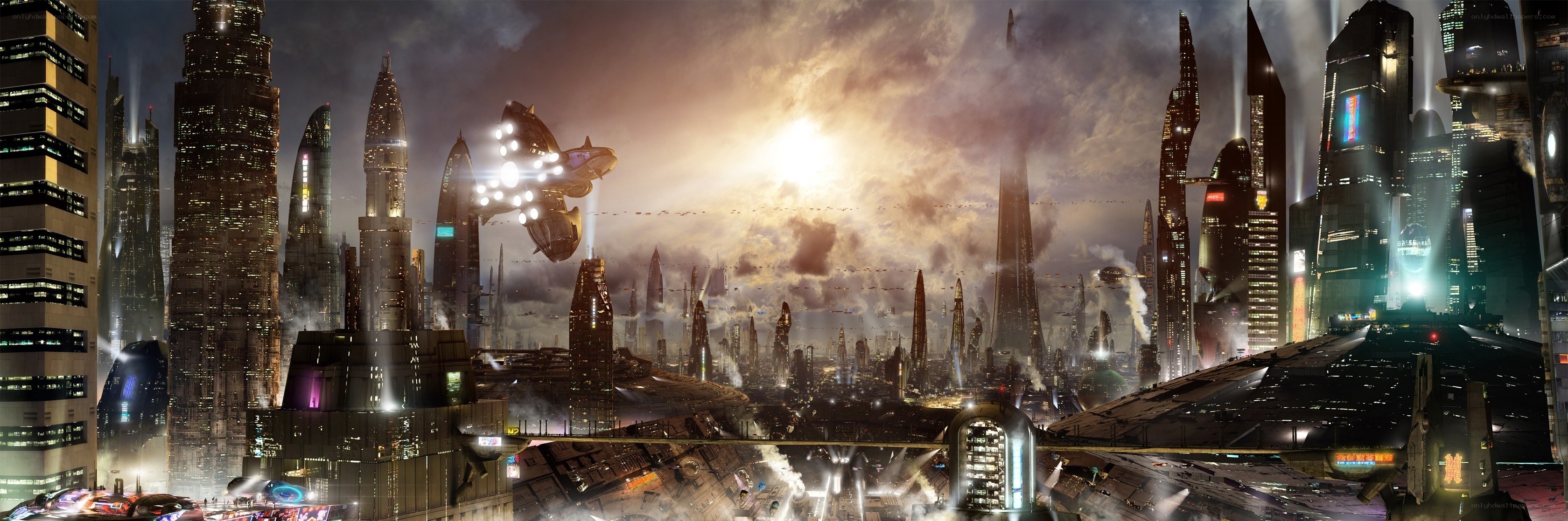 futuristic cityscape at dusk